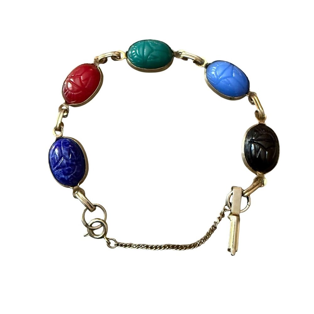 Vintage Scarab Bracelet Egyptian Revival Multi Color Faux Stone Glass Gold Tone